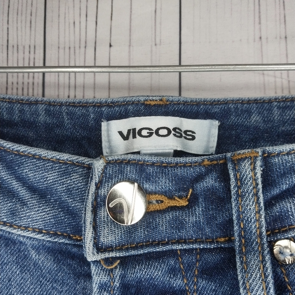 Vigoss Distressed Ripped Blue High Rise Skinny Straight Button-Fly Jeans - Picture 5 of 10